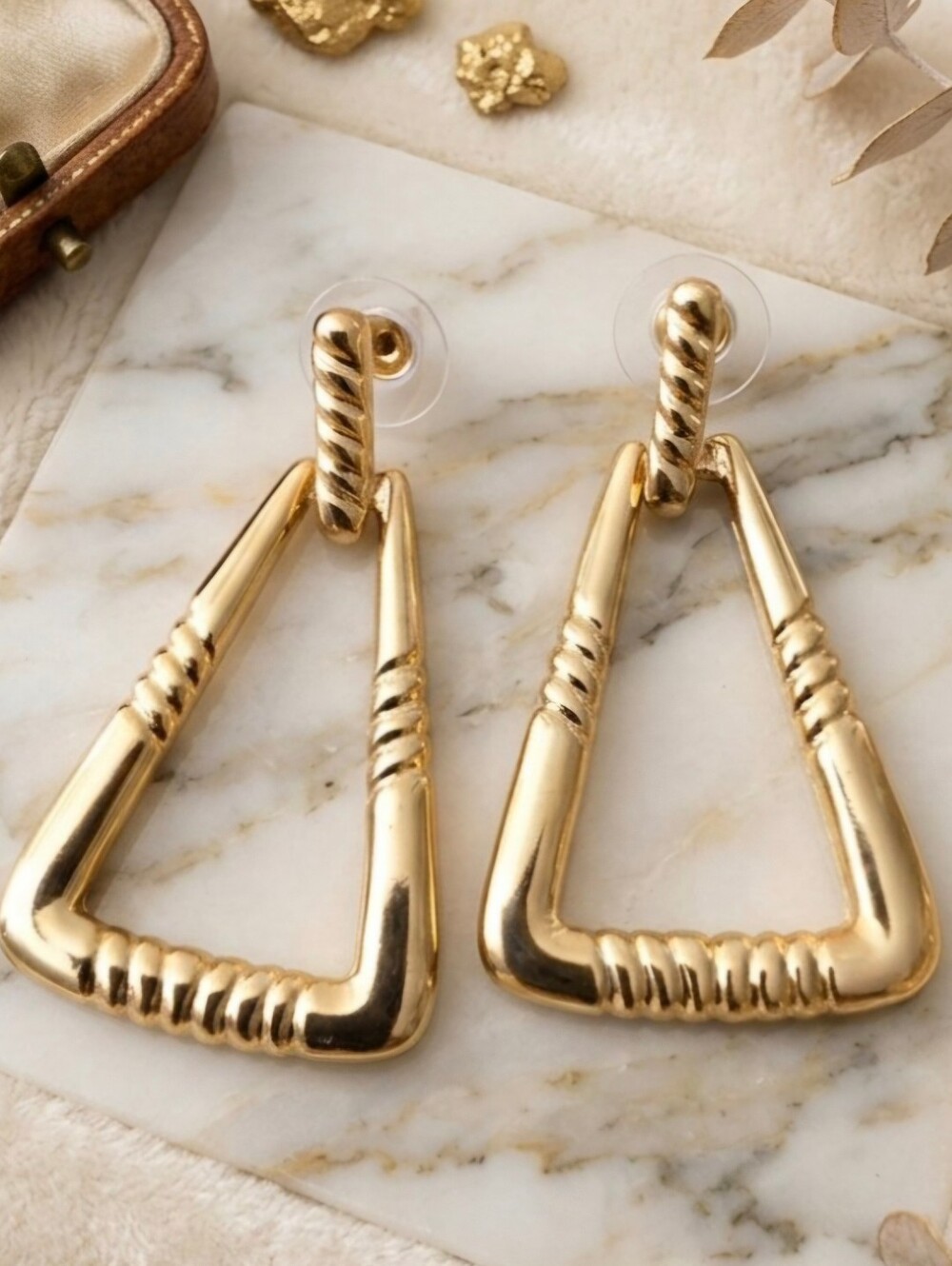 Gold Tone Twisted Triangle Drop Earrings